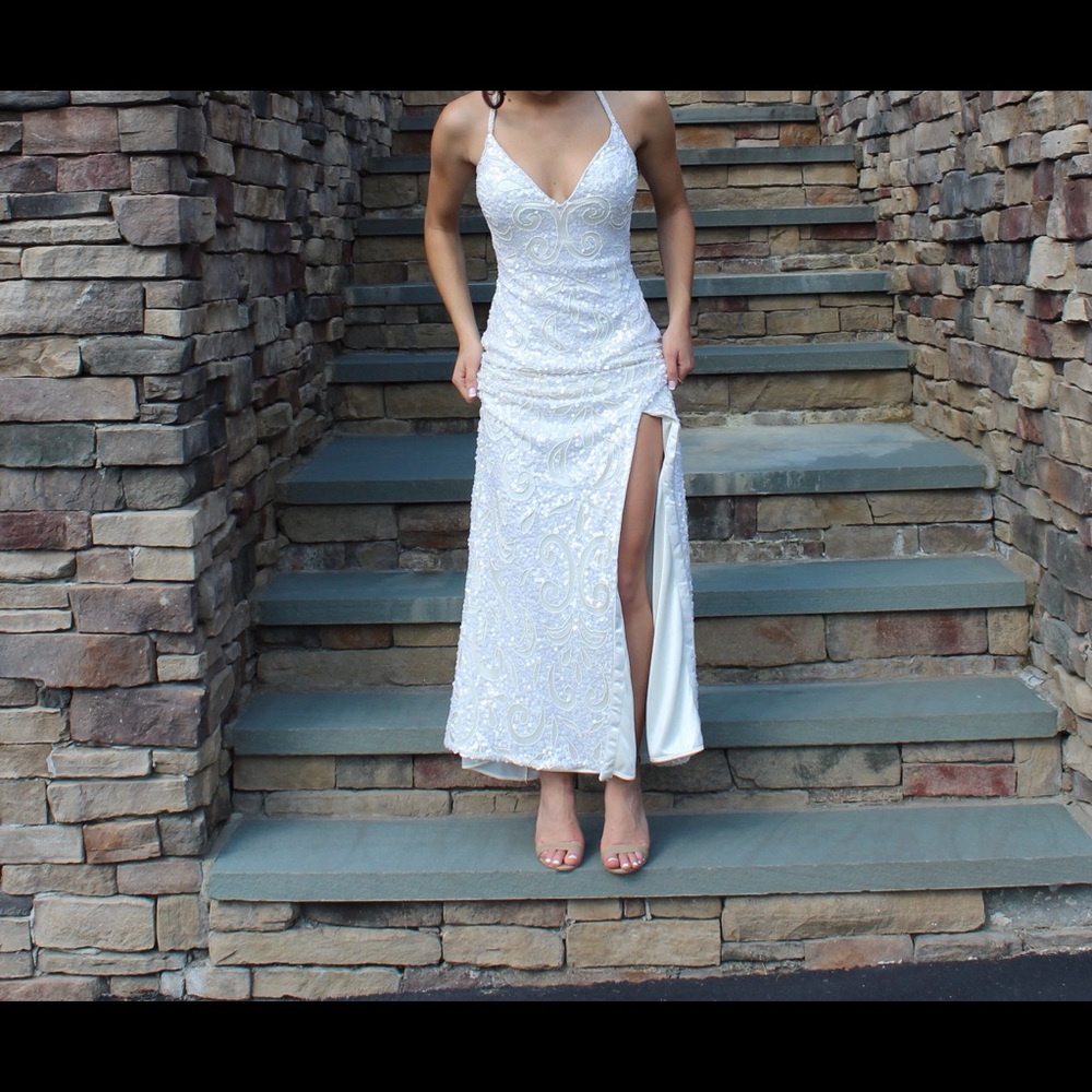 White sequence open back evening dress